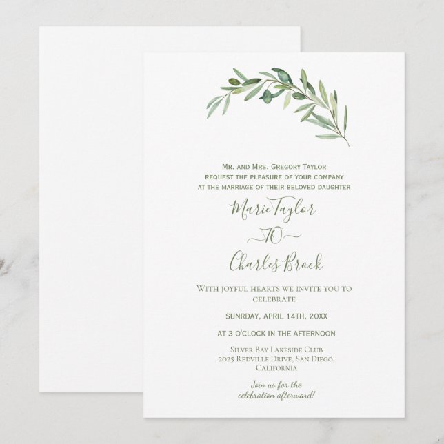 Einladung zur Hochzeit von Olivenblättern (Vorne/Hinten)