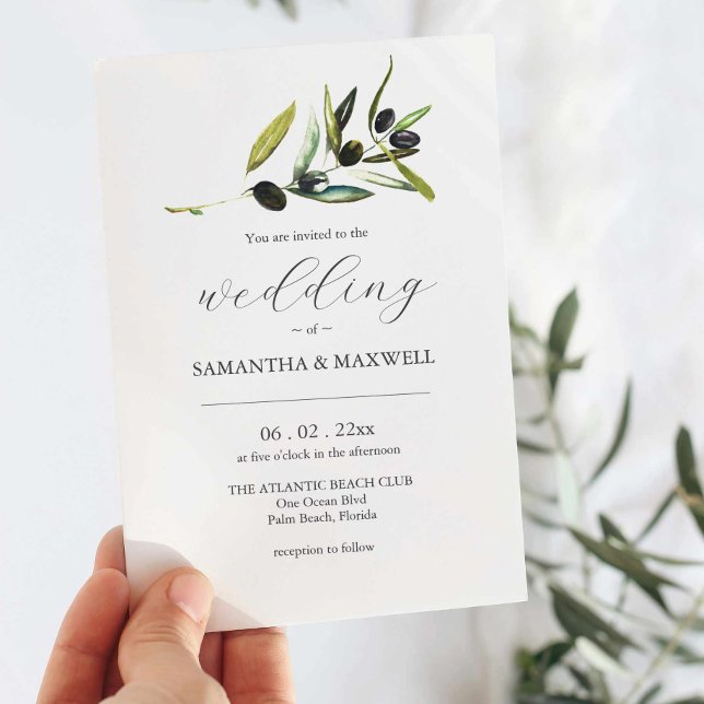Einladung zur Hochzeit von Olivenöl mit QR-Code fü (Wedding invitations watercolor olive branch art by Victoria Grigaliunas Do Tell A Belle)