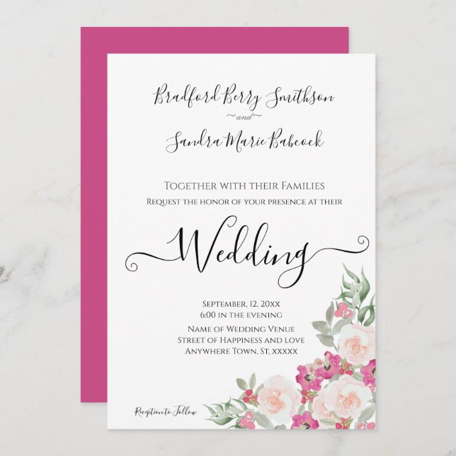 Einladung zur Hochzeit von Pink und Sage Green Flo (Vorne/Hinten)