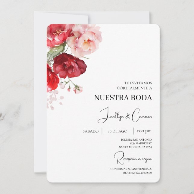 Einladung zur Hochzeit von Red Floral Spanish (Vorderseite)