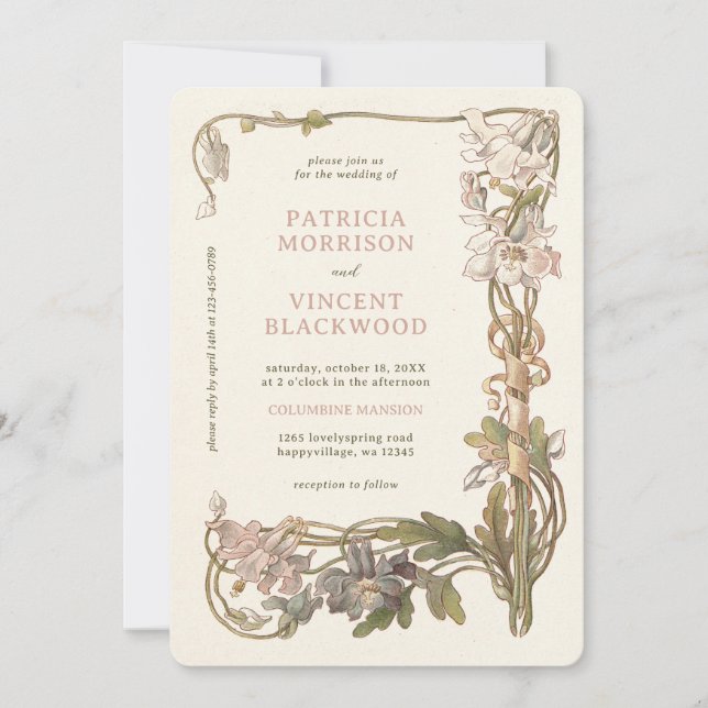 Einladung zur Hochzeit von Vintagen Columbinen-Rah (Vorderseite)
