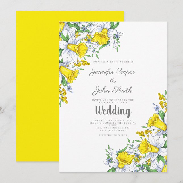 Einladung zur Hochzeit von Watercolor Yellow Flora (Vorne/Hinten)