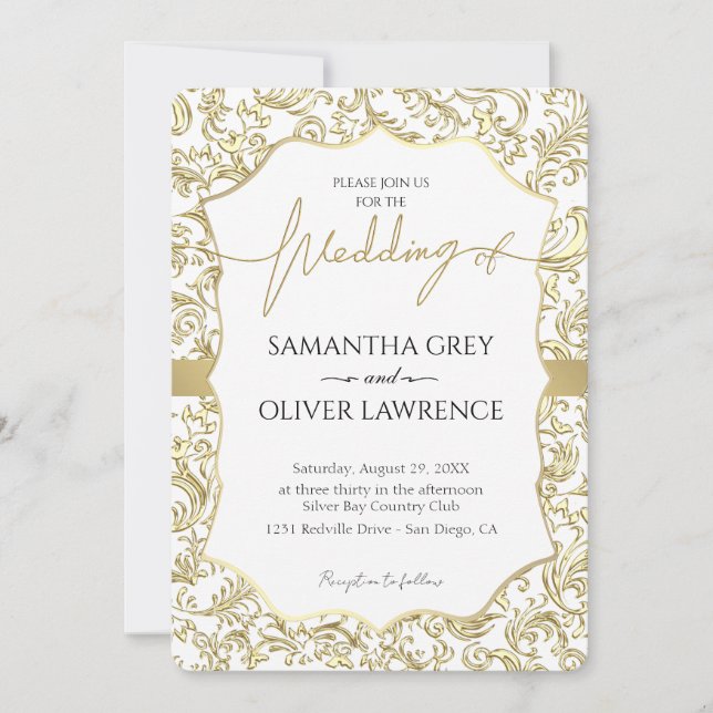 Einladung zur Hochzeit von White & Gold Damask (Vorderseite)