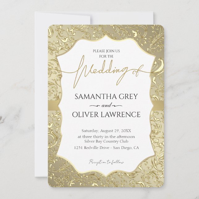 Einladung zur Hochzeit von White & Gold Damask (Vorderseite)