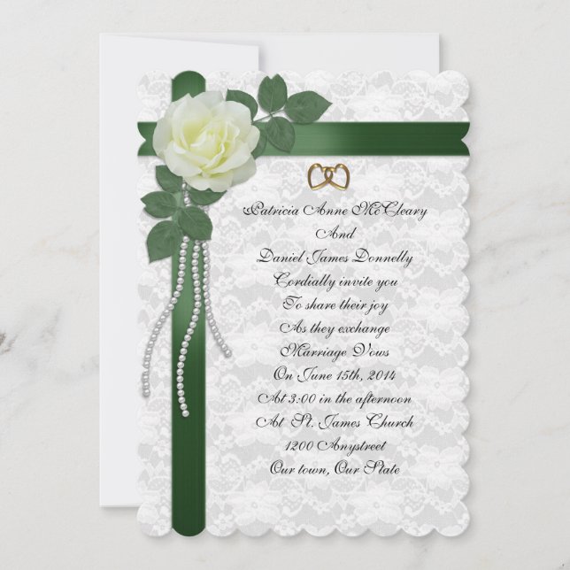 Einladung zur Hochzeit weiße Rose, grüne Bänder (Vorderseite)