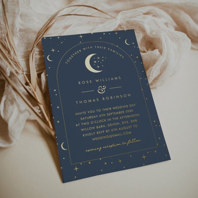 Einladung zur Hochzeitsfeier der Marine (Zazzle Navy Celestial Arched Wedding Invitation Foil Invitation)