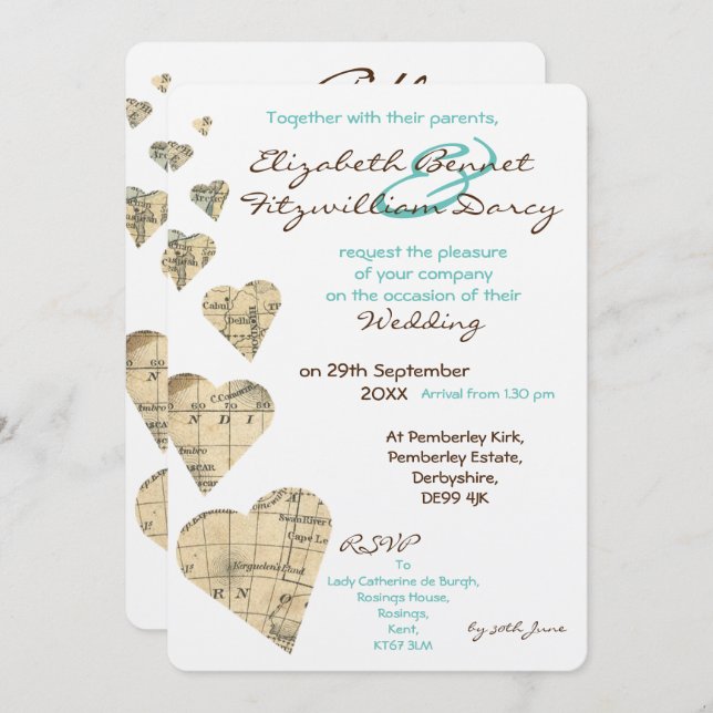 Einladung zur Hochzeitsfeier für Vintage Kartograf (Vorne/Hinten)