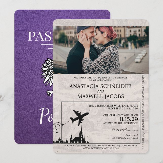 Einladung zur Hochzeitsfeier im lila Polen (Vorne/Hinten)