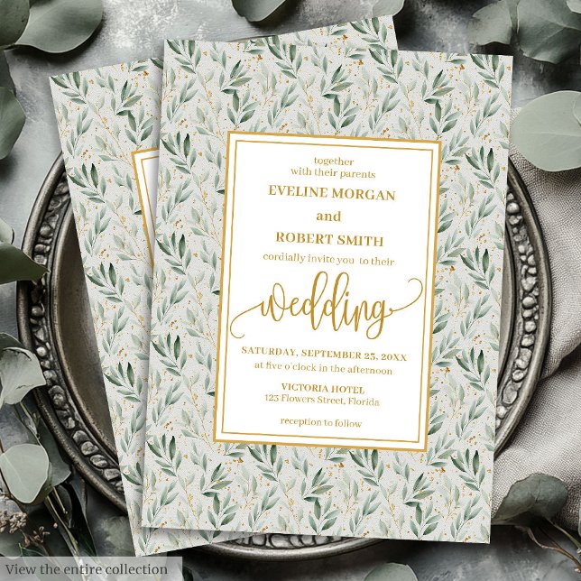 Einladung zur Hochzeitsfeier in modernen Sage Gree (Modern Sage Green Gold Foliage Wedding Invitation)