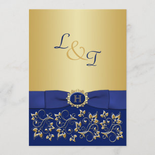 Einladung zur Hochzeitsfeier in Monogram Blue, Gol