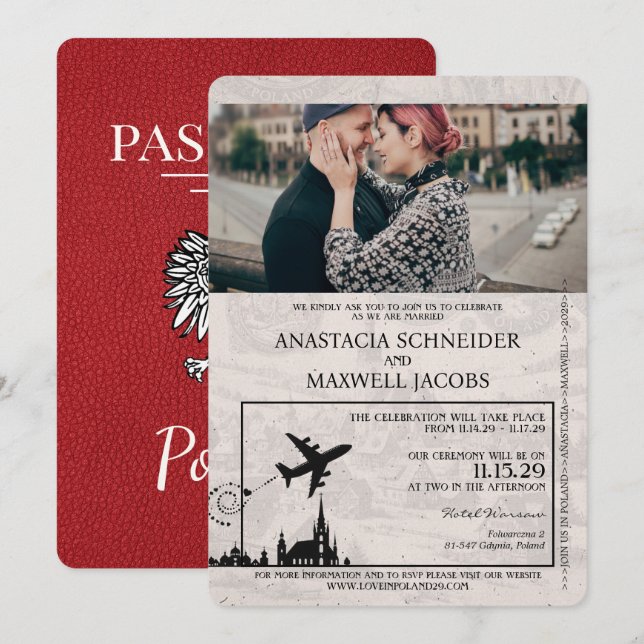 Einladung zur Hochzeitsfeier in Red Poland Passpor (Vorne/Hinten)