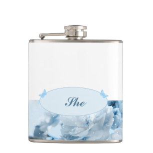 Einladung zur Hochzeitsfeier mit blauer Blume Flachmann