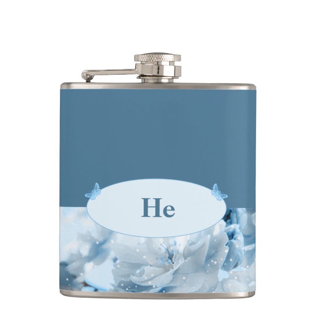 Einladung zur Hochzeitsfeier mit blauer Blume Flachmann (Vorderseite)