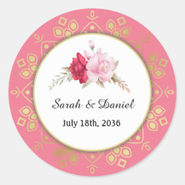 Einladung zur Hochzeitsfeier mit dunkelrosa Rosenr Runder Aufkleber