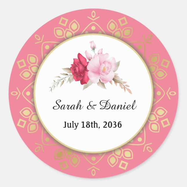 Einladung zur Hochzeitsfeier mit dunkelrosa Rosenr Runder Aufkleber (Vorderseite)
