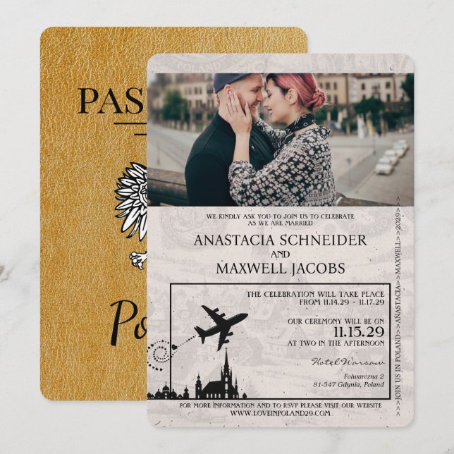 Einladung zur Hochzeitsfeier mit Gold Poland Passp (Vorne/Hinten)