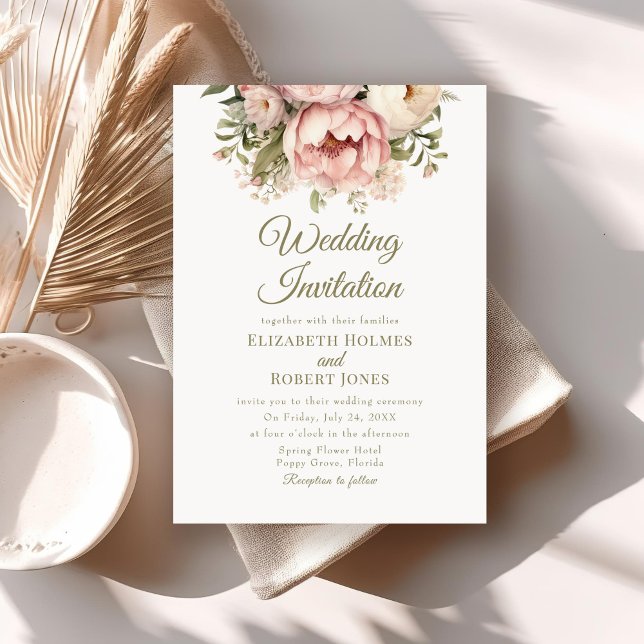Einladung zur Hochzeitsfeier mit weichem Pfirsich  (Soft Peach and Blush Floral Wedding Invitation on a neutral boho wedding table.)