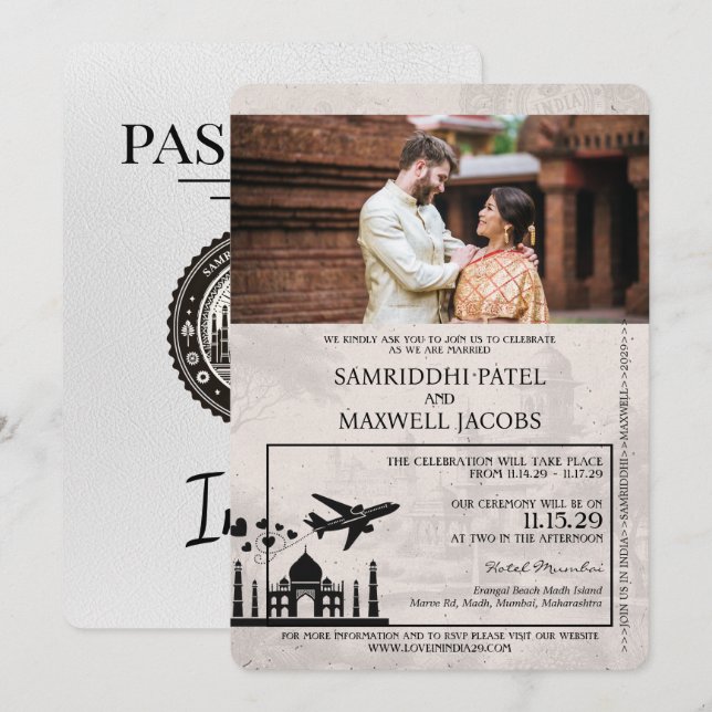 Einladung zur Hochzeitsfeier mit White India Passp (Vorne/Hinten)