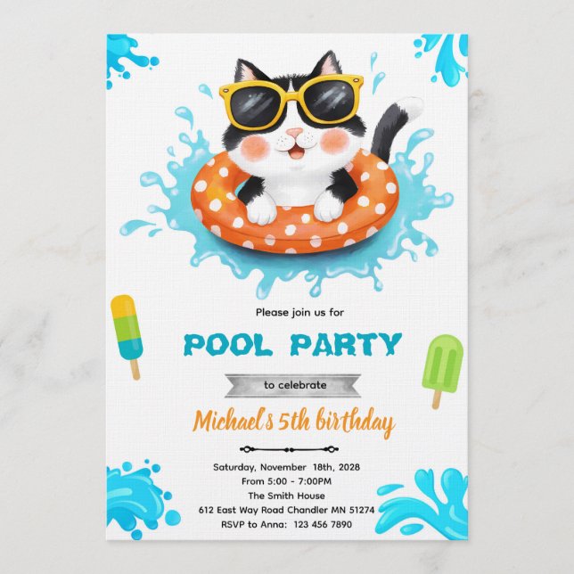 Einladung zur Katzen-Poolparty (Vorderseite)