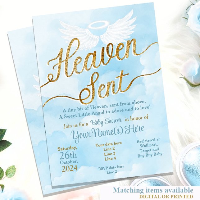 Einladung zur Kinderdusche - Boy Angel (Blue Heaven Sent Little Boy Angel invitation with blue watercolor white wings)
