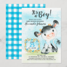Einladung zur Kinderdusche im Aquarell Boy Cow