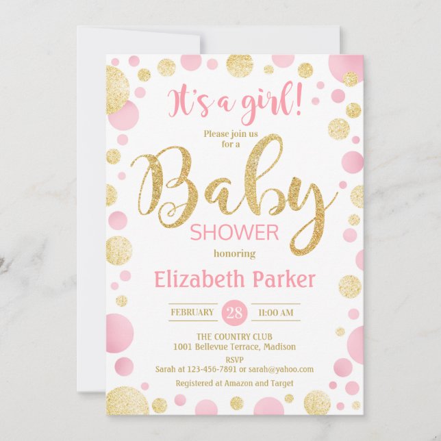 Einladung zur Kinderdusche - Rosa Gold Dots (Vorderseite)