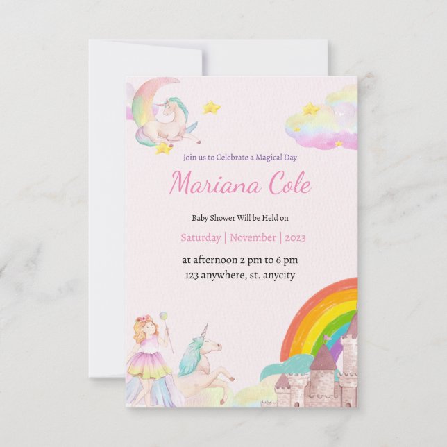 Einladung zur Kindermädchen-Babydusche von Unicorn (Vorderseite)