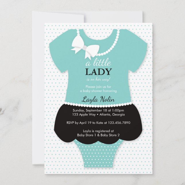 Einladung zur kleinen Lady Baby Dusche, blau, Perl (Vorderseite)