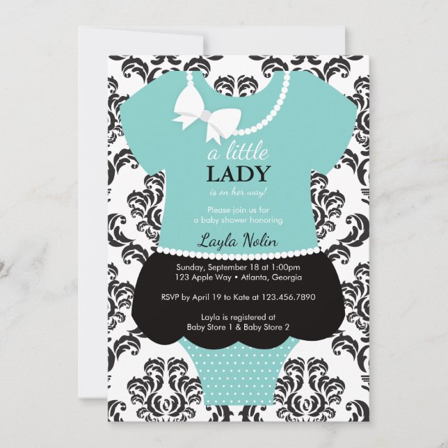 Einladung zur kleinen Lady Baby Dusche, blau, Perl (Vorderseite)