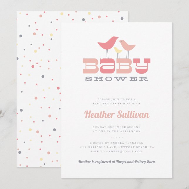 Einladung zur kleinen Vogeldusche - Rosa (Vorne/Hinten)