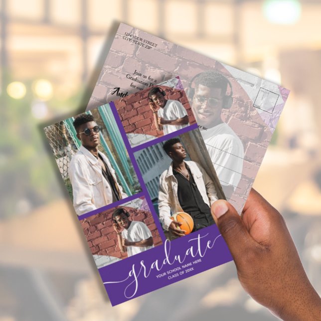 Einladung zur Lila Graduiertenparty mit mehreren F Postkarte (Von Creator hochgeladen)