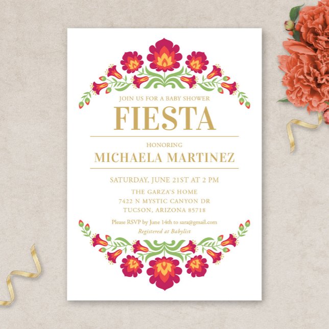 Einladung zur mexikanischen Fiesta Babydusche, Rot (Red Floral Mexican Fiesta Baby Shower Invitation)
