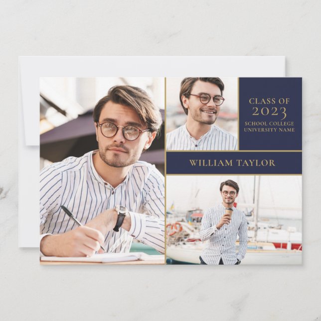 Einladung zur Navy Blue 3 Foto Gold Graduation Par (Vorderseite)