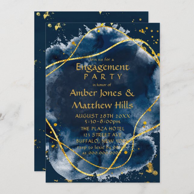Einladung zur Navy Blue Paint Gold Engagement Part (Vorne/Hinten)