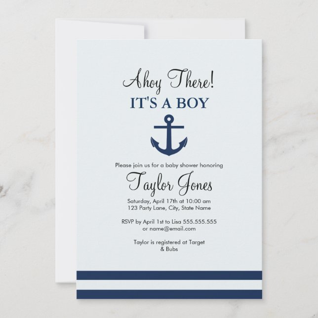 Einladung zur Navy Nautical Anchor Baby Shower (Vorderseite)