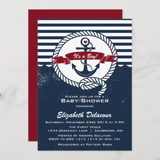 Einladung zur Navy & Red Rustic Nautical Baby Show (Vorne/Hinten)