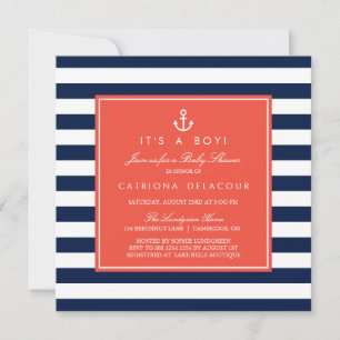 Einladung zur Navy und Coral Nautical Baby Shower