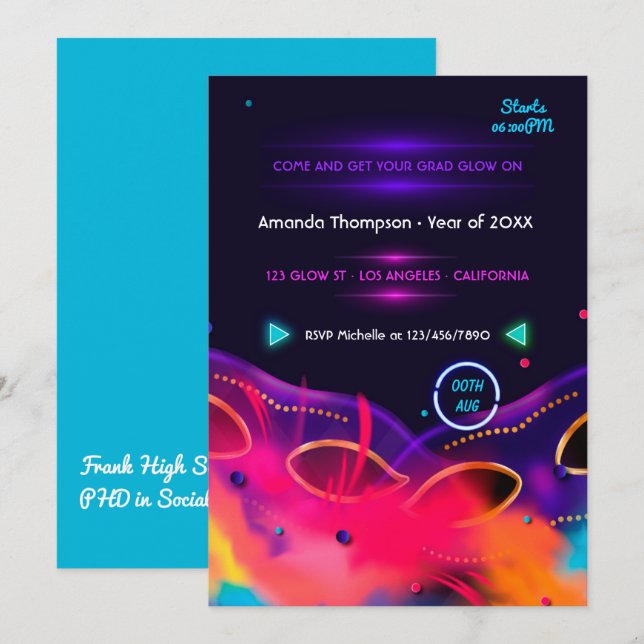 Einladung zur Neon Glow Graduation Party (Vorne/Hinten)