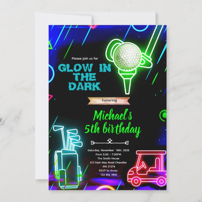 Einladung zur Neon-Golf-Geburtstagsfeier (Vorderseite)