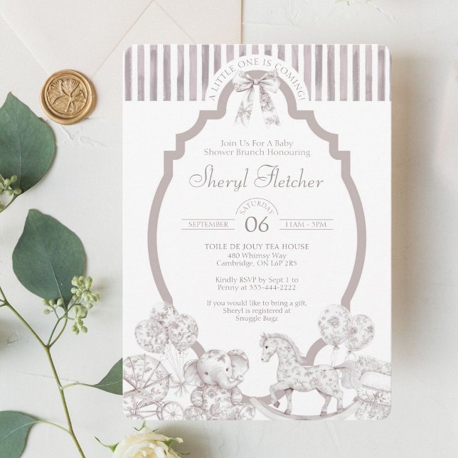 Einladung zur neutralen Kinderdusche (Timeless toile de jouy baby shower invite with elegant vintage charm.







)