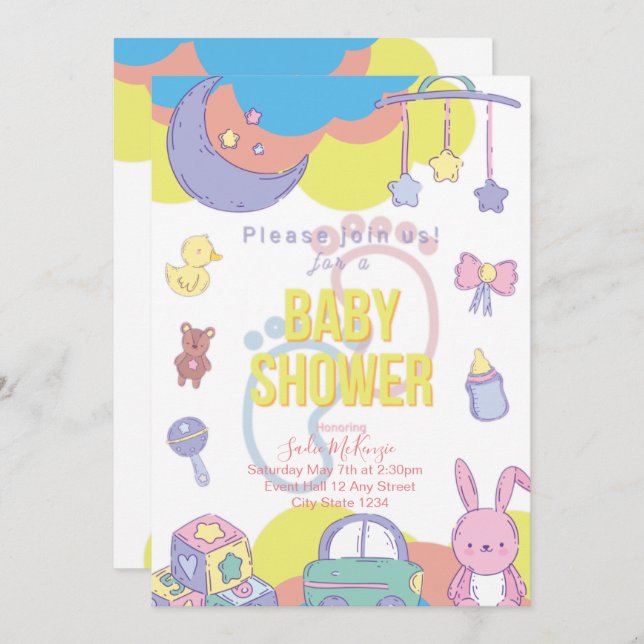 Einladung zur neutralen Pastel-Babydusche (Vorne/Hinten)