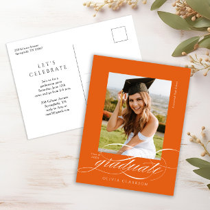 Einladung zur Orange Elegant Script Graduation Par Postkarte