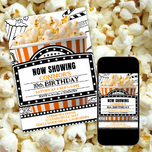 Einladung zur Orangen-Popcorn-Kinoabend-Party