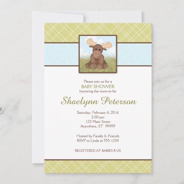 Einladung zur originalen Elch Baby Dusche (Vorderseite)