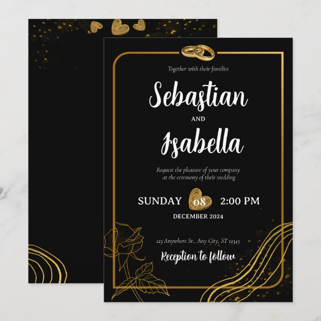 Einladung zur personalisierten Schwarz-Gold-Hochze (Vorne/Hinten)