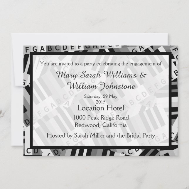 Einladung zur Piano Engagement Party Schwarz-Weiß (Vorderseite)
