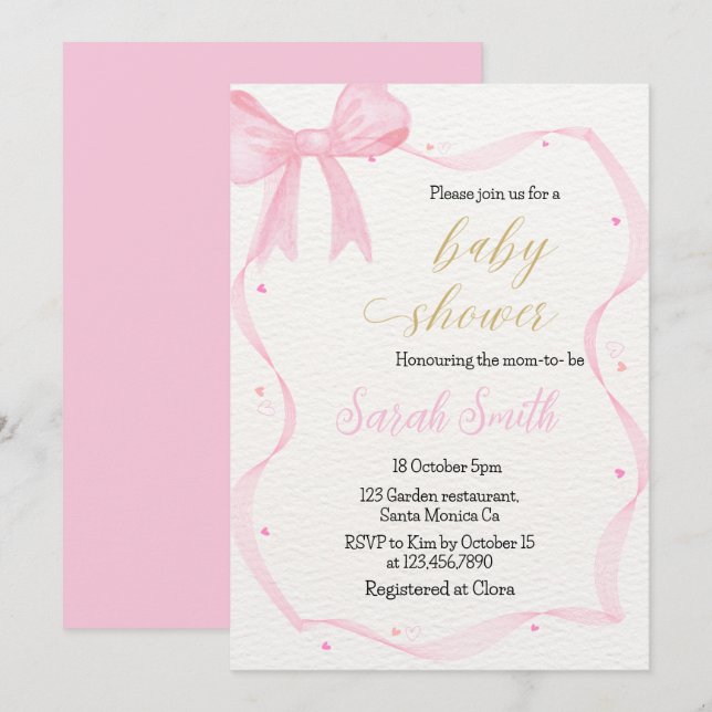 Einladung zur Pink Bow Baby Dusche (Vorne/Hinten)