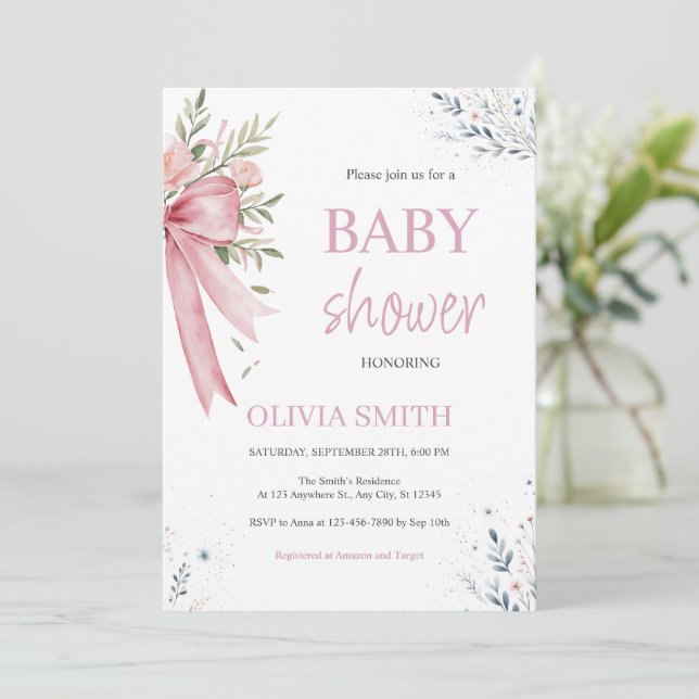 Einladung zur Pink Bow Baby Dusche (Stehend Vorderseite)