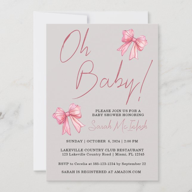 Einladung zur Pink Bow Baby Dusche (Vorderseite)