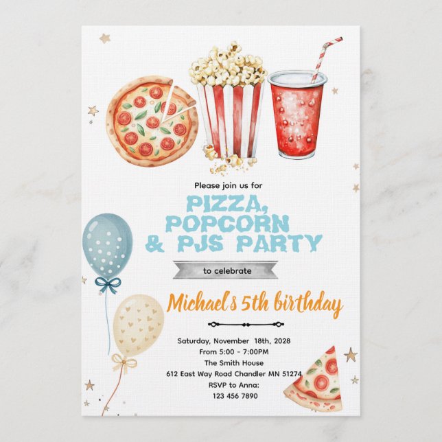 Einladung zur Pizza-Popcorn-und-Pyjama-Party (Vorderseite)